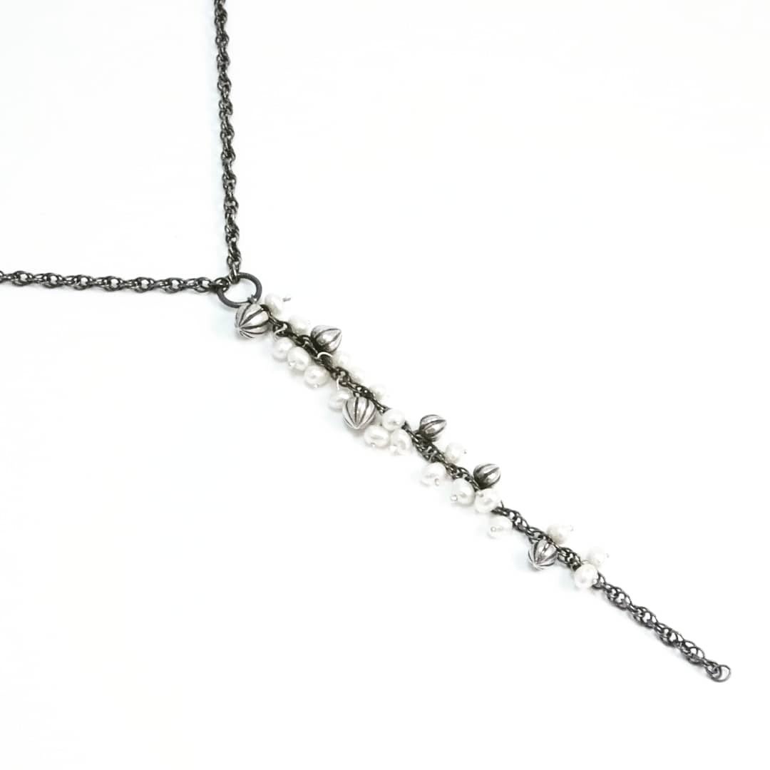 Tiny Pod Cascade Necklace oxidised silver and white pearls